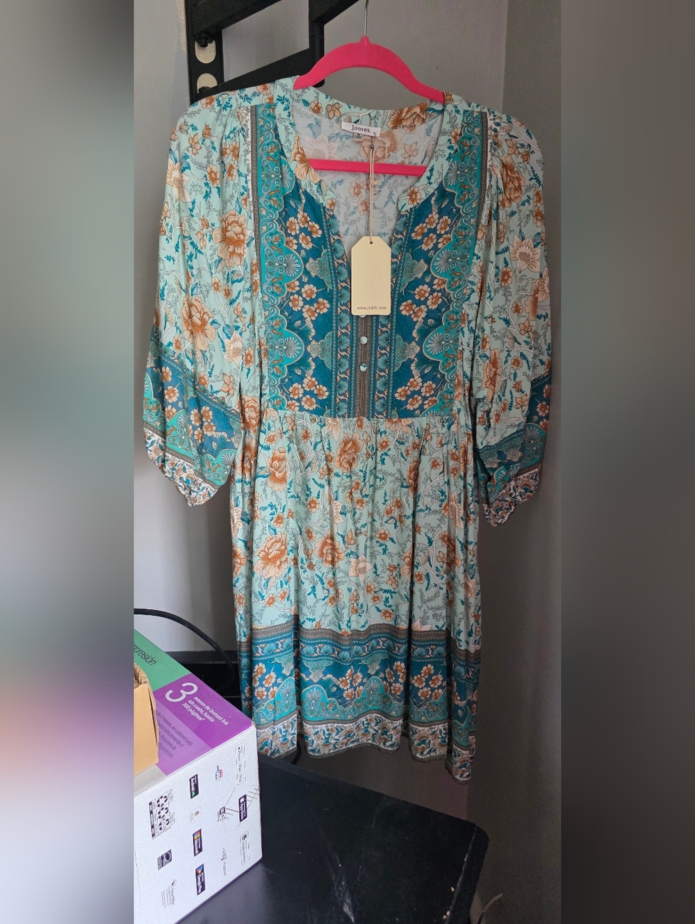 Boho Floral Tiered Midi Dress in Aqua & Teal - Picture 2 of 5
